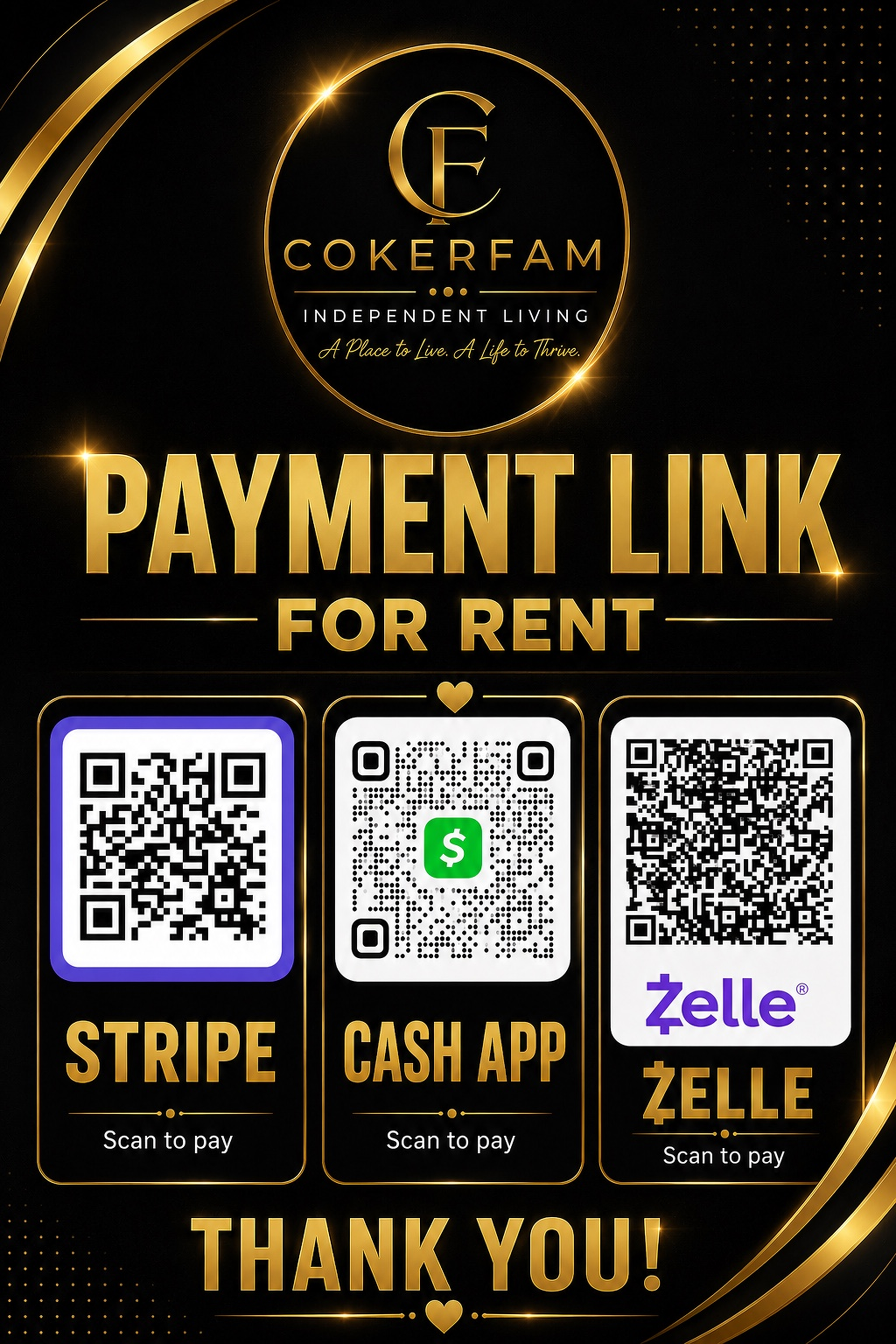 Cokerfam Independent Living rent payment QR codes for Stripe, Cash App, and Zelle
